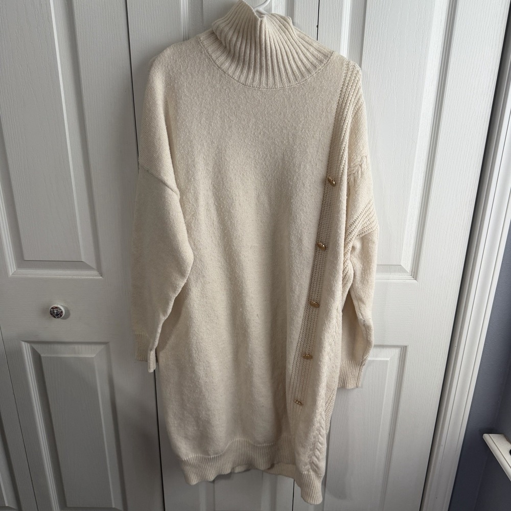 Cream Faux Button Turtleneck Sweater Dress Women's Size 5XL Winter Business Boho